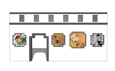 中式景观墙SU模型下载，景观墙skb模型分享