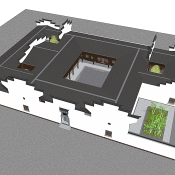 新中式徽派建筑草图大师模型，古建民俗sketchup模型免费下载