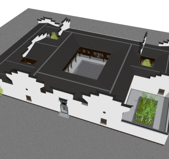 新中式徽派建筑草图大师模型，古建民俗sketchup模型免费下载