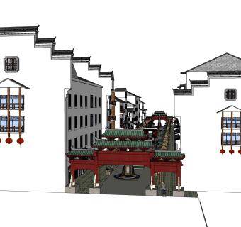 中式商业街建筑草图大师模型，古建民俗sketchup模型免费下载