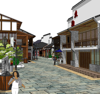 中式商业街建筑草图大师模型，古建民俗sketchup模型免费下载