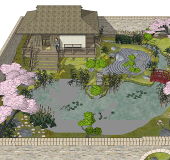 日式庭院建筑SU模型，庭院建筑SKB文件下载