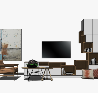 北欧电视柜休闲椅组合su模型，柜子组合草图大师模型下载