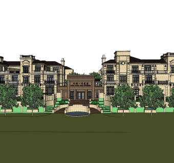 新中式别墅建筑，连排叠加别墅，SU模型免费下载