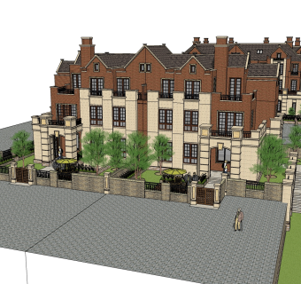 欧式连排别墅草图大师模型，别墅sketchup模型免费下载