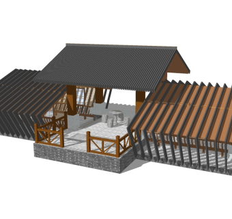 新中式实木廊架草图大师模型，实木廊架sketchup模型下载