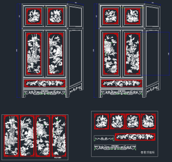 明式衣柜花鸟顶箱柜福寿衣柜CAD图库，衣柜CAD图纸下载