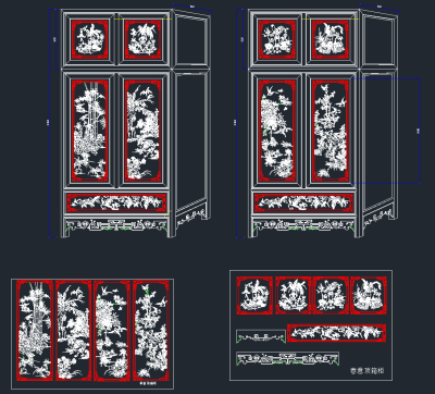 明式衣柜花鸟顶箱柜福寿衣柜CAD图库，衣柜CAD图纸下载