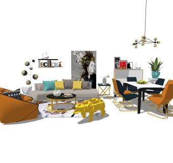 现代轻奢沙发组合su模型，爱马仕轻奢简约风客餐厅组合skp模型下载