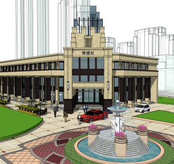 欧式售楼处建筑方案草图大师模型，售楼部建筑沙盘sketchup模型免费下载