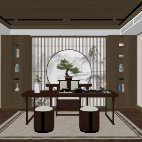 新中式茶室SU模型，茶室SKP模型下载