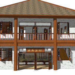 民宿茶楼建筑草图大师模型，SU模型免费下载