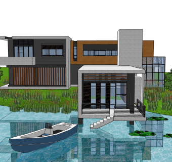 现代临山靠水独栋别墅草图大师模型下载，独栋别墅sketchup模型