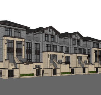 连排欧式别墅外观草图大师模型，SU模型免费下载