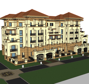 欧式联排别墅sketchup模型，别墅skp模型下载
