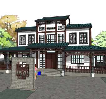 中式居住建筑草图大师模型，古建民俗sketchup模型免费下载