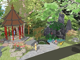 中式公园景观规划草图大师模型，公园景观规划sketchup模型下载