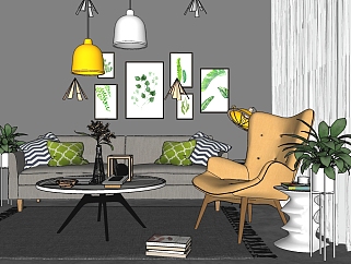北欧客厅双人沙发家具su模型，客厅草图大师模型下载