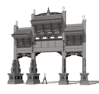 中式门楼牌坊草图大师模型，门楼牌坊sketchup模型下载