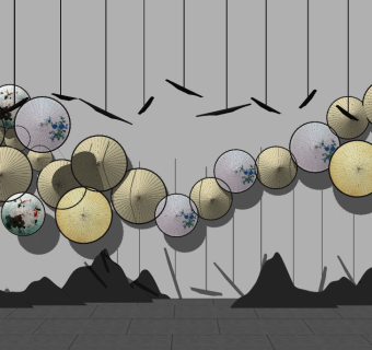 新中式油纸伞挂件su模型下载、油纸伞挂件草图大师模型下载