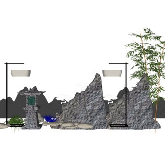 中式枯山水园艺小品草图大师模型，枯山水园艺小品sketchup模型下载