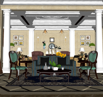 复古美式客厅免费su模型草图大师文件下载