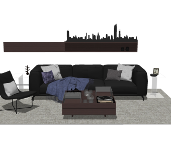 现代黑色布艺沙发su模型，沙发sketchup模型下载