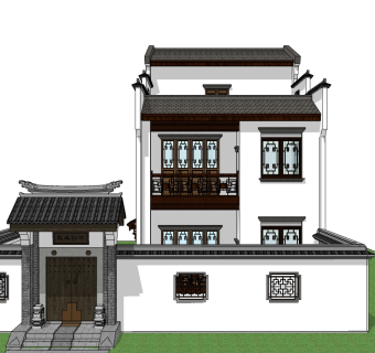 新中式别墅su模型下载、新中式别墅草图大师模型下载