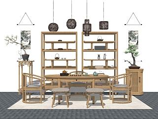 中式茶桌椅su模型， 茶桌sketchup模型下载