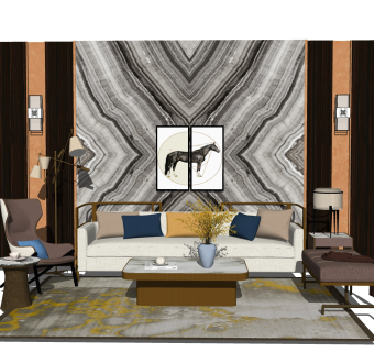 新中式布艺沙发组合su模型，单人沙发sketchup模型下载