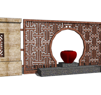 中式景观墙skp文件下载，景观墙SU模型