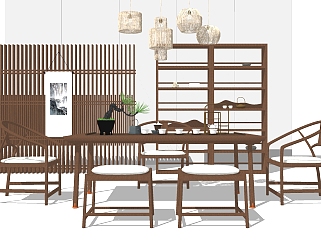  现代中式茶桌椅组合草图大师模型，茶桌椅组合sketchup模型下载