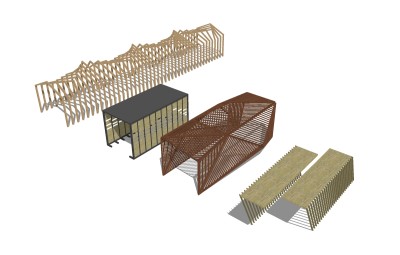 现代实木造型廊架组合草图大师模型，实木造型廊架组合sketchup模型下载