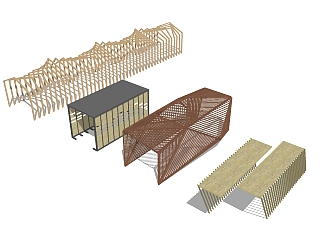 现代实木造型廊架组合草图大师模型，实木造型廊架组合sketchup模型下载