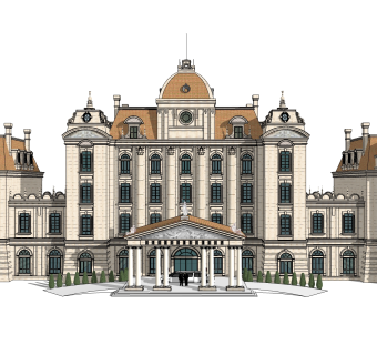 欧式酒店外观草图大师模型，酒店外观sketchup模型免费下载