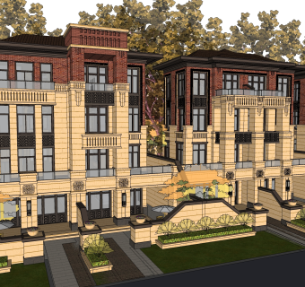 欧式联排别墅sketchup模型，别墅skp模型下载