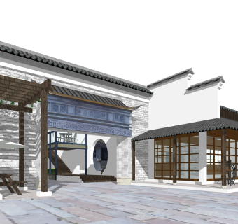 新中式沿街商业建筑草图大师模型，沿街商业建筑sketchup模型免费下载