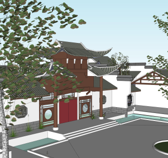 中式别墅庭院su模型下载、中式别墅庭院草图大师模型下载