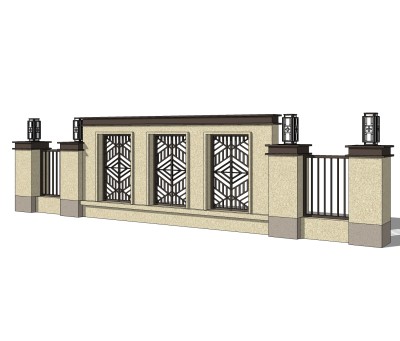 新中式围墙护栏免费su模型，栏杆草图大师模型下载
