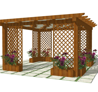 现代庭院实木花架草图大师模型，庭院实木花架sketchup模型下载
