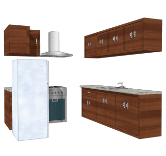 现代橱柜su免费模型，厨房柜草图大师模型下载