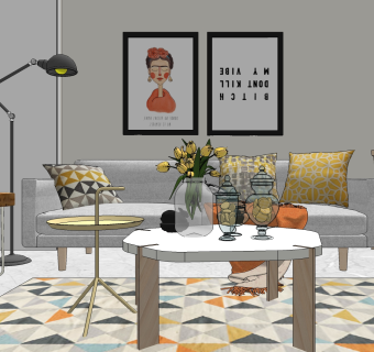 北欧客餐厅su模型，客餐厅沙发桌椅落地灯组合草图大师模型下载