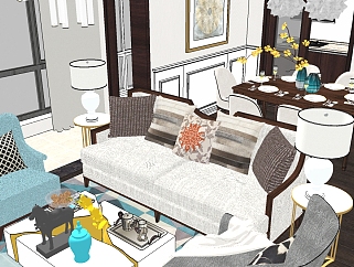现代美式客厅<em>设计草图</em>大师模型，现代美式客厅设计...