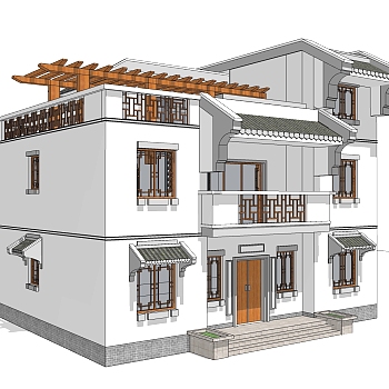 中式别墅建筑草图大师模型，古建民俗sketchup模型免费下载