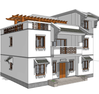 中式别墅建筑草图大师模型，古建民俗sketchup模型免费下载