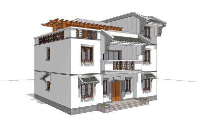 中式别墅建筑草图大师模型，古建民俗sketchup模型免费下载