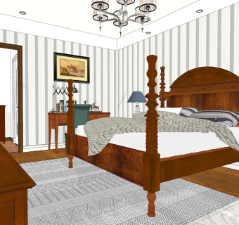 中式过道及卧室装饰sketchup模型免费下载