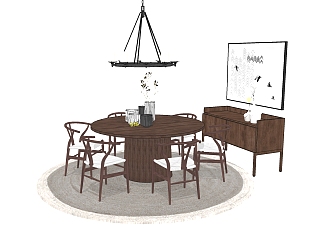 中式实木餐桌椅组合su模型， 餐桌sketchup模型下载