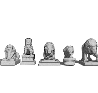 中式石狮子麒麟雕塑组合su模型下载、石狮子麒麟雕塑草图大师模型下载