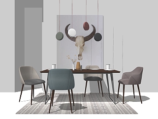 北欧餐桌椅组合su模型，餐桌sketchup模型下载